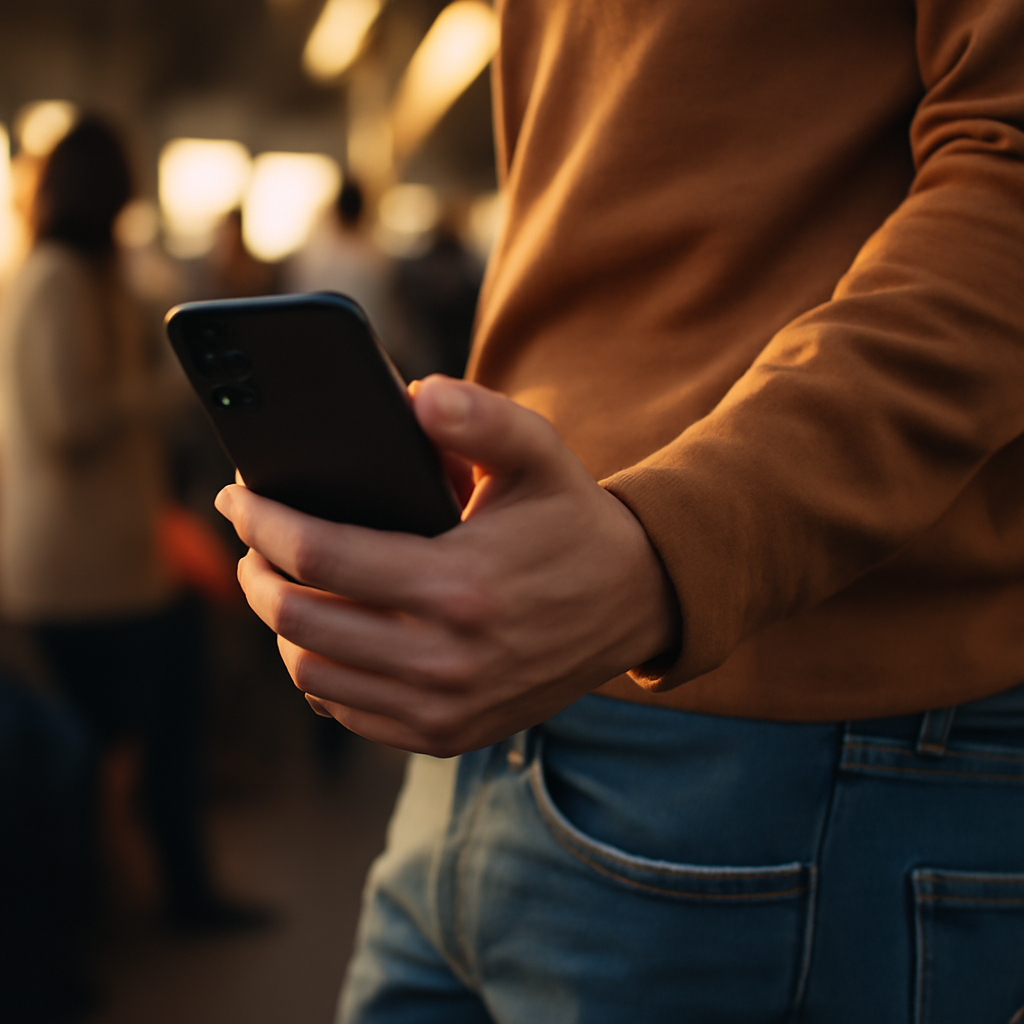 One-hand grip in daily commute lighting—200 g-class phone comfort test, pocket feel and reachability—human warmth, realistic everyday usability vibes