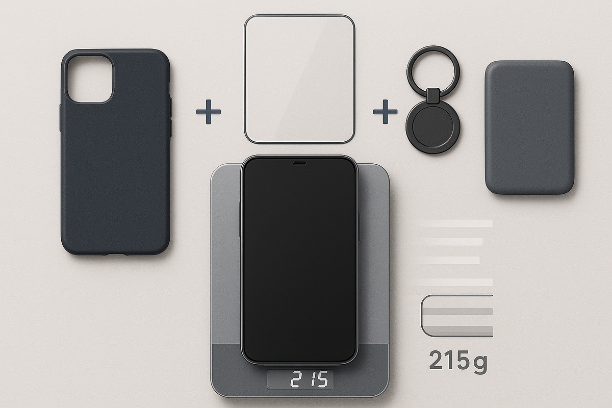 Total carry weight calculator—phone on digital scale with case, screen film, ring stand, and add-on battery laid out—215 g readout—practical planning, tidy minimal aesthetic