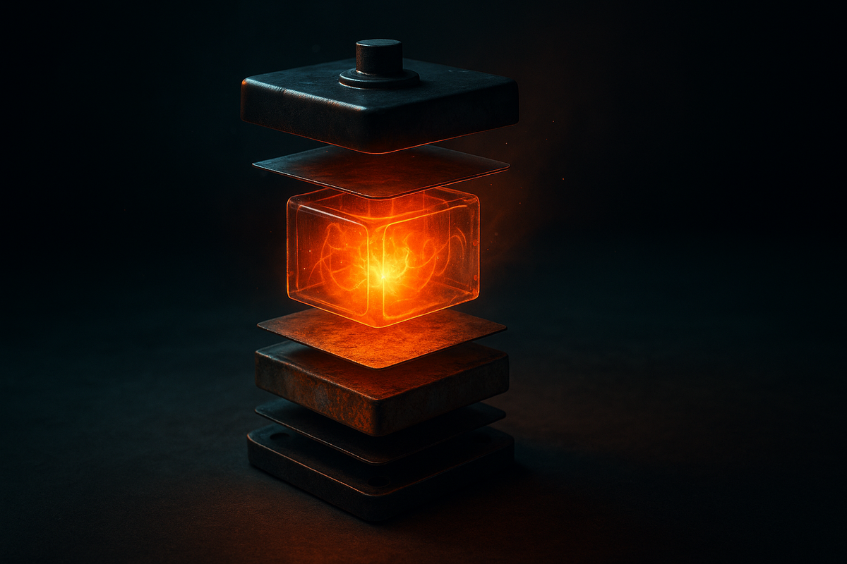 Exploded glowing battery core floating in layers—fiery energy cube, mysterious power source, scientific yet dangerous allure