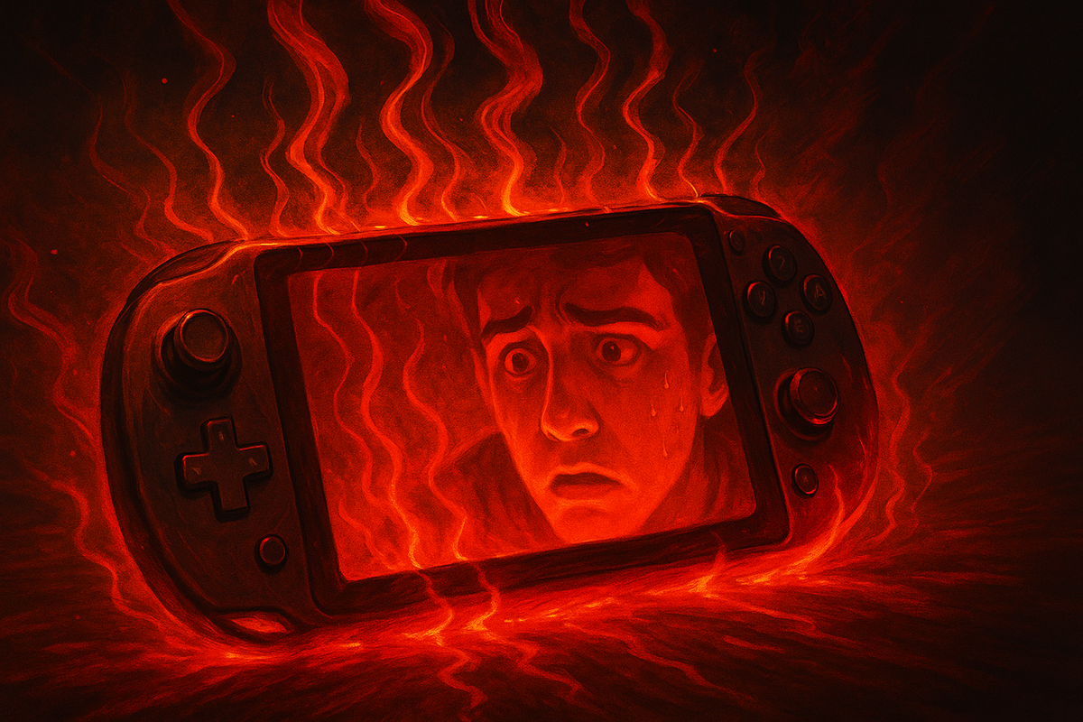 Overheating handheld console glowing red with a shocked face reflection—fear, heat waves, gamer anxiety and dramatic intensity