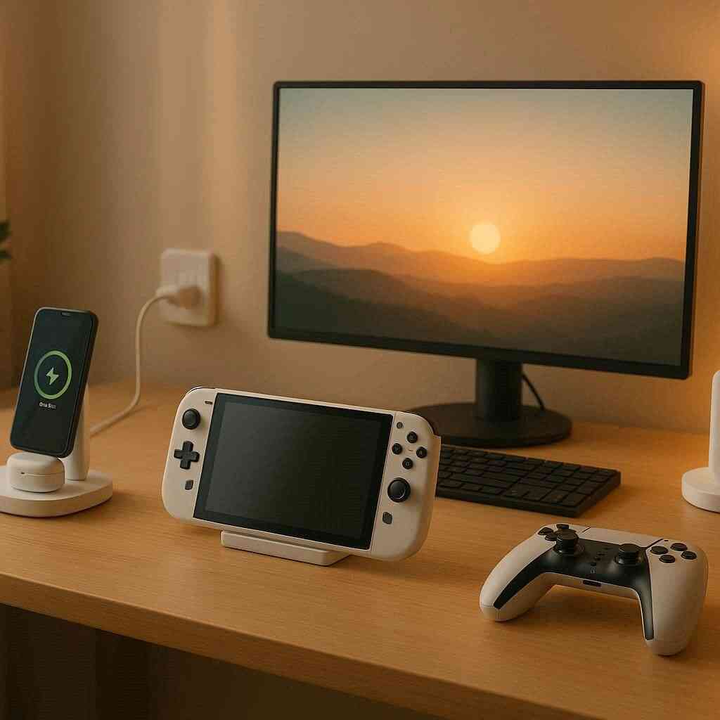 Cozy minimalist desk setup with console charging safely at sunset—warm tones, calm protection, safe gaming environment vibes