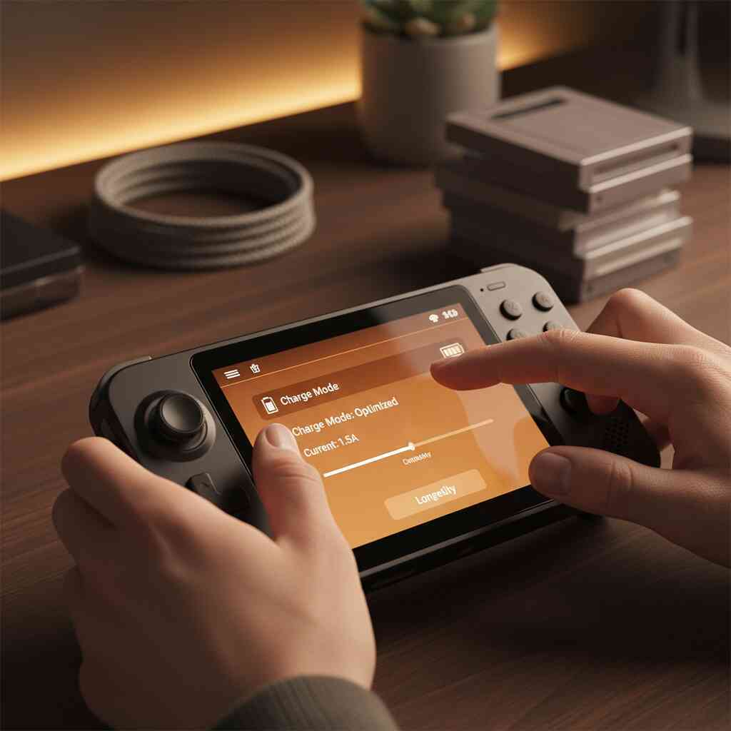 Close-up of hands adjusting optimized charging mode on a sleek gaming device—careful control, longevity-focused tech harmony