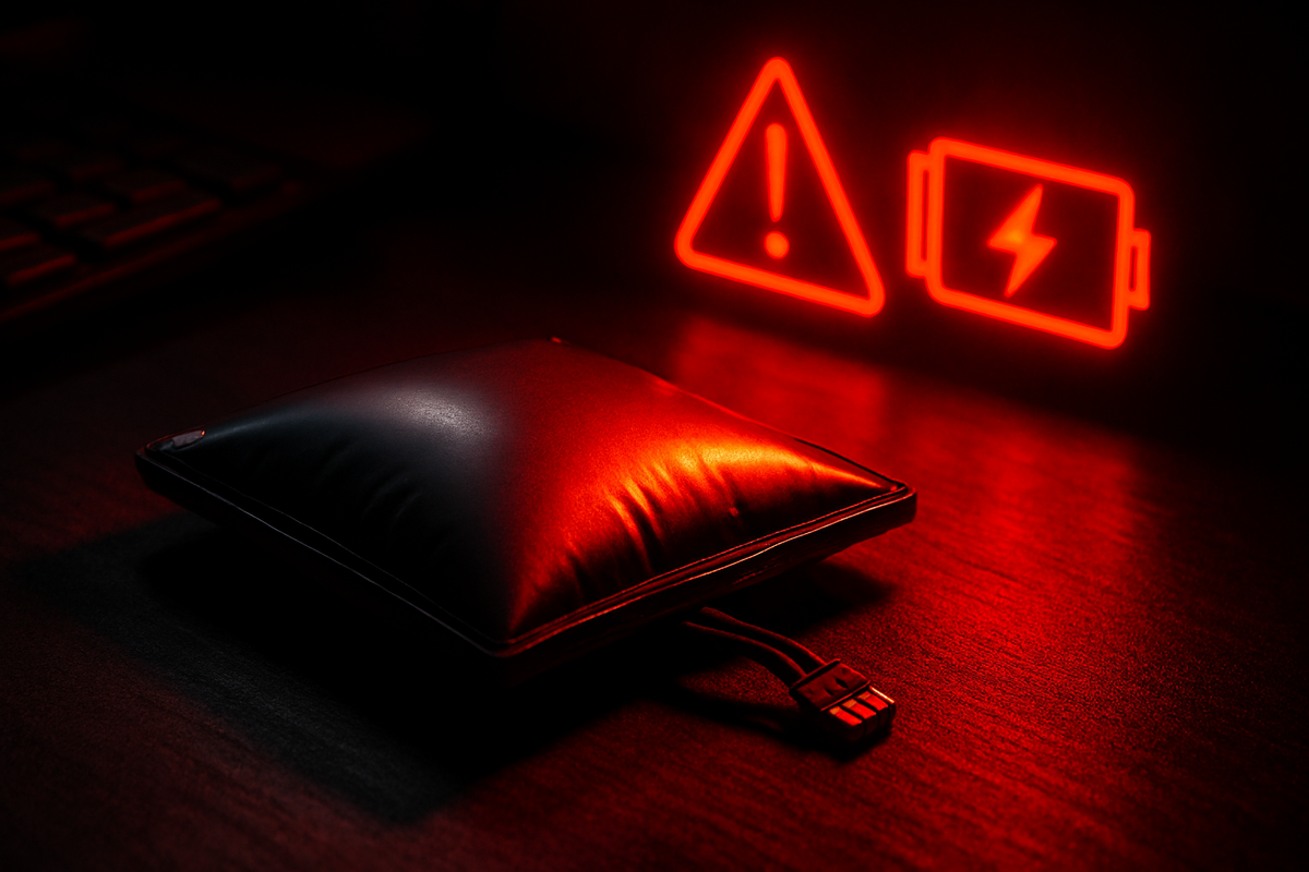 Swollen battery pack glowing red with warning icons—danger, high tension, urgent safety alert and cinematic drama