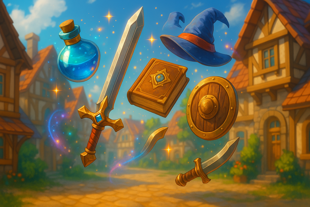 Magical RPG items floating in a bright medieval village—sparkling sword, potion, book, and shield—joyful fantasy energy, whimsical excitement