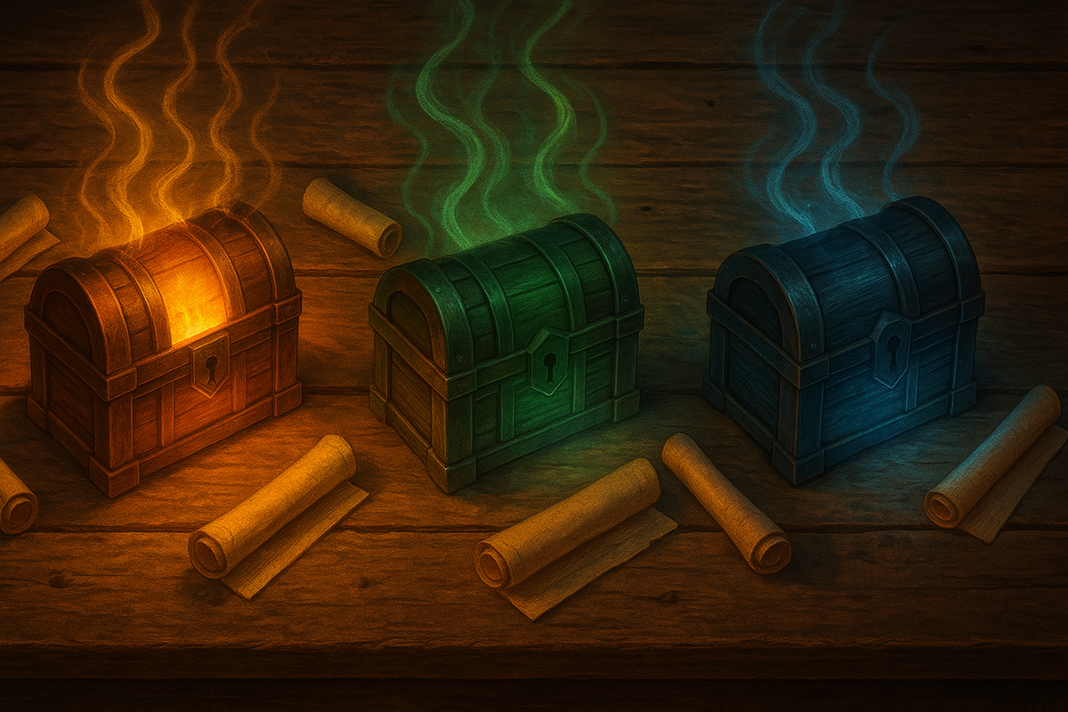 Three glowing treasure chests in warm mystical light with scrolls—dramatic choice tension, colorful mystery, RPG loot energy