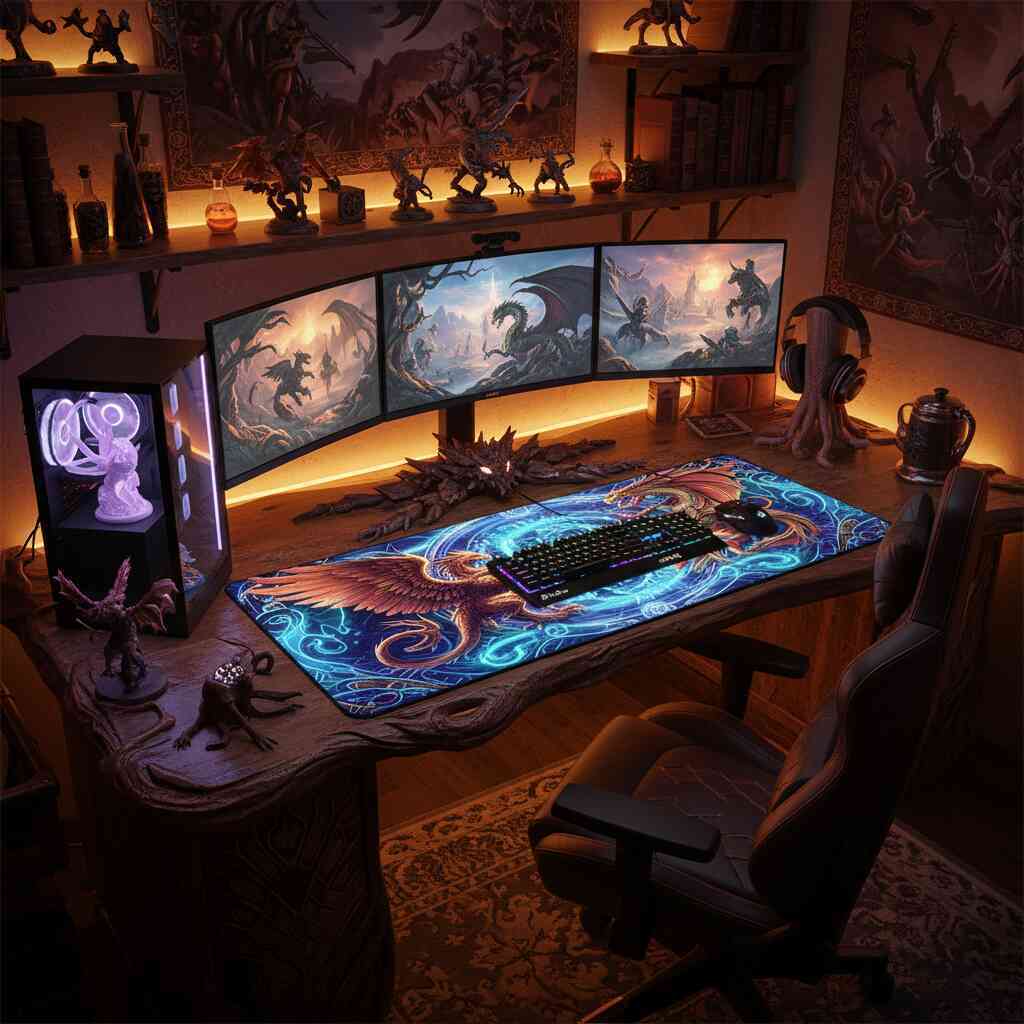 Epic fantasy gaming desk glowing with a dragon mouse pad—immersive setup, mystical atmosphere, gamer passion energy