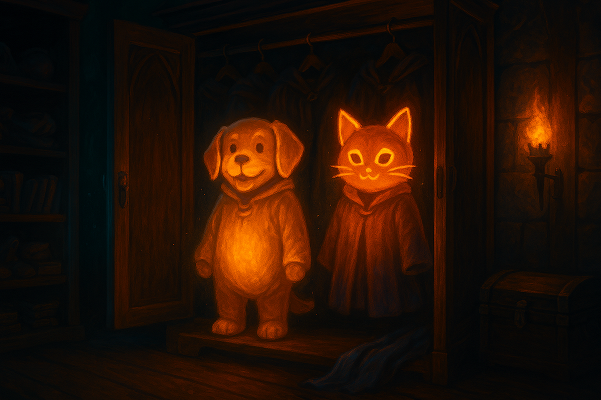Glowing dog and cat costumes in a medieval wardrobe—magical transformation energy, cozy RPG charm, playful mystery vibe