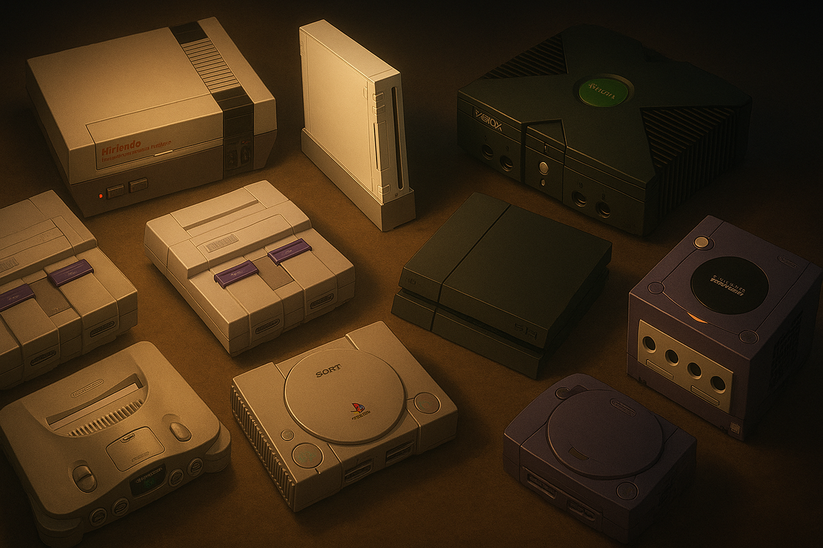 Retro gaming consoles collection under warm spotlight—nostalgic glow, vintage gaming history, cultural time capsule energy