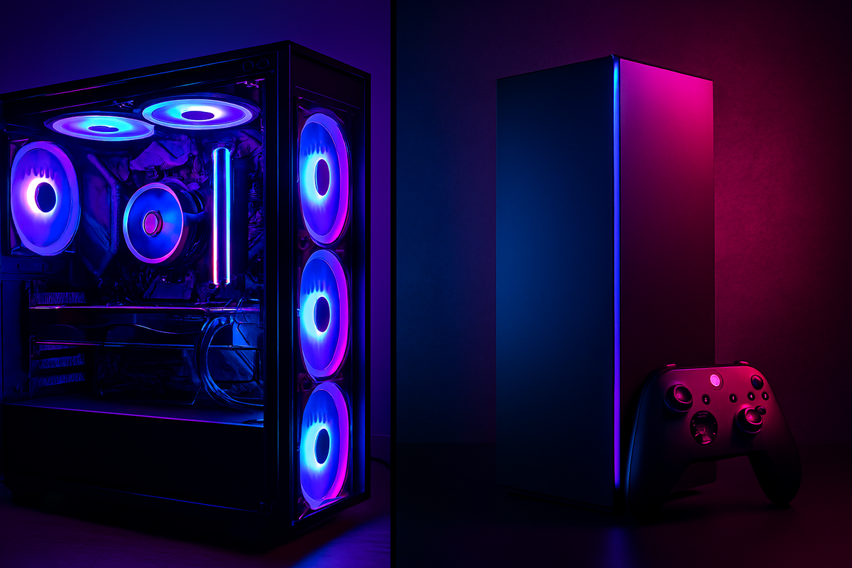 Side-by-side glowing PC gaming rig and console setup—vivid purple-blue LED lights, sleek futuristic design, high-tech showdown vibe