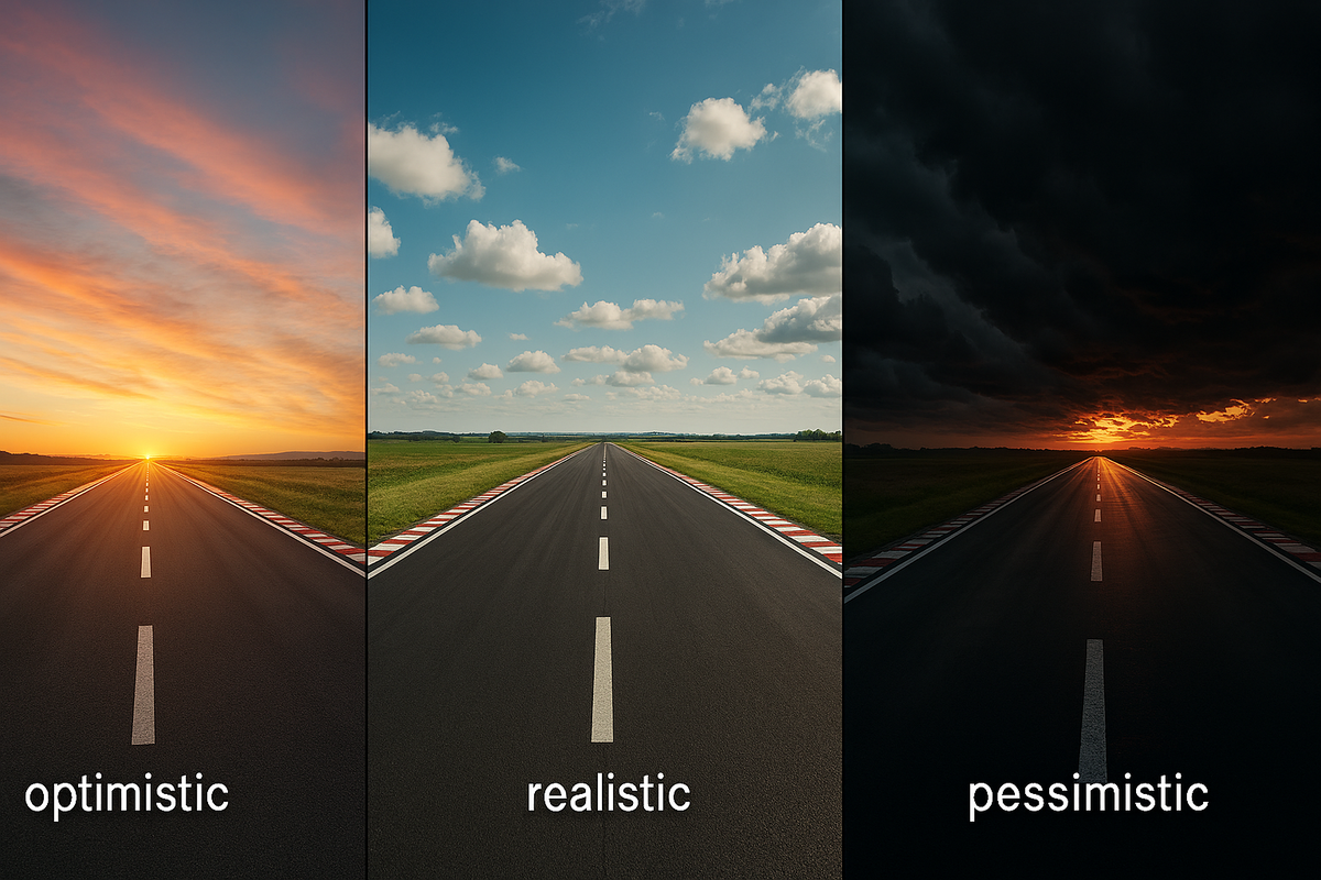 Three parallel racing tracks at sunrise, noon, and stormy dusk—optimistic, realistic, pessimistic scenarios visualized, emotional journey through possibilities