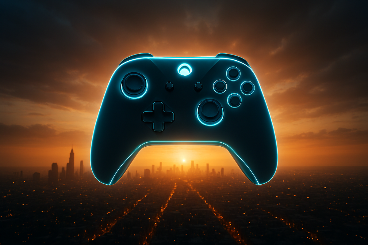 Futuristic glowing PlayStation controller hovering over a cyberpunk city at sunset—sci-fi magic, innovation aura, next-gen gaming revolution