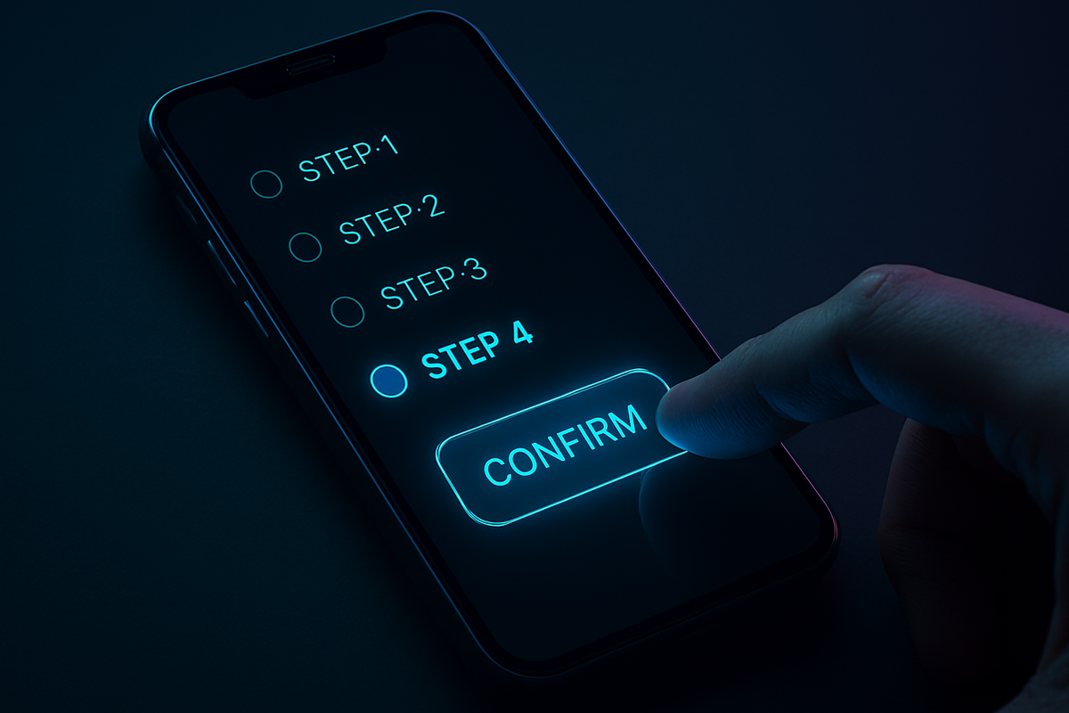 Close-up hand tapping glowing CONFIRM button on smartphone step-by-step interface—dramatic anticipation, bold digital transformation moment