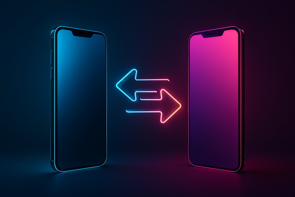 Two glowing smartphones with neon arrows—seamless device transfer, effortless data migration, futuristic dual-tone drama