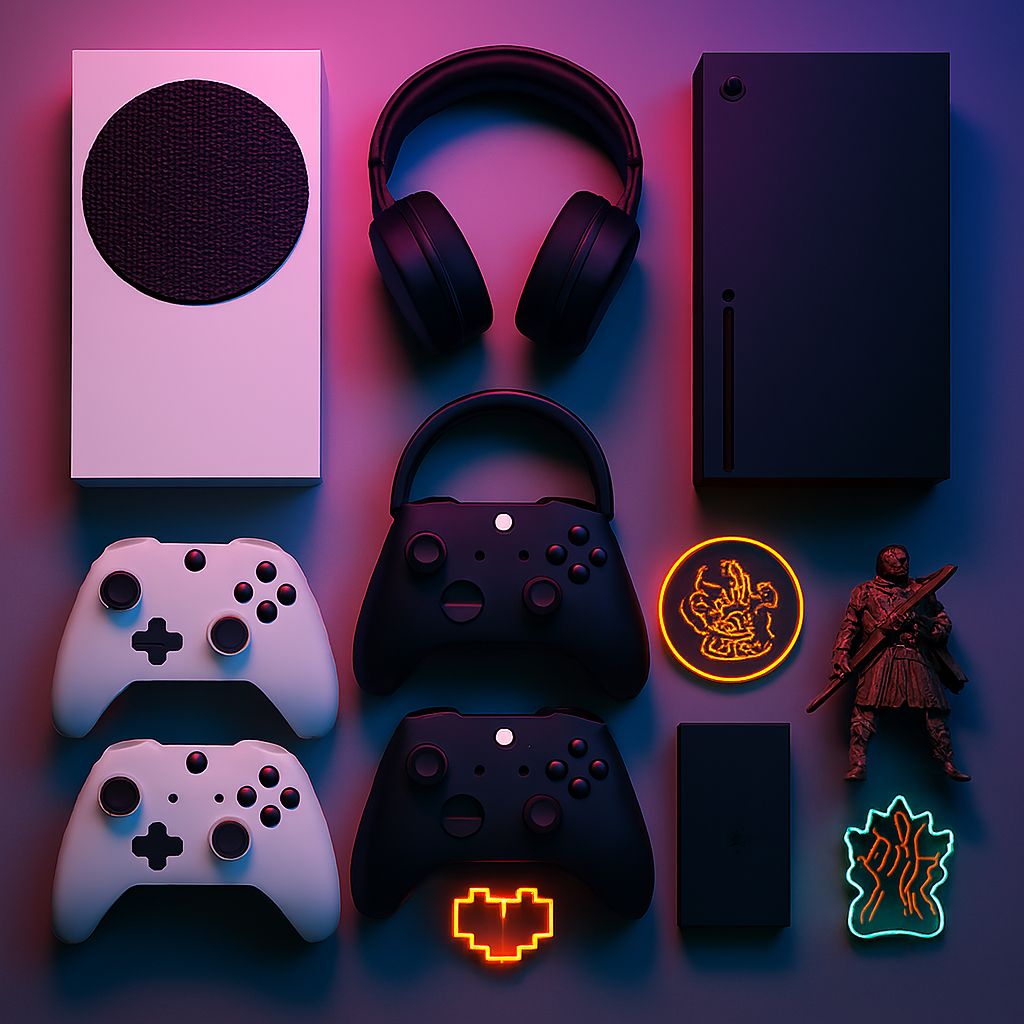 Triumphant gamer joy—smiling man holding glowing gaming console box and phone with SUCCESS notification, confetti sparkles and warm cozy vibes