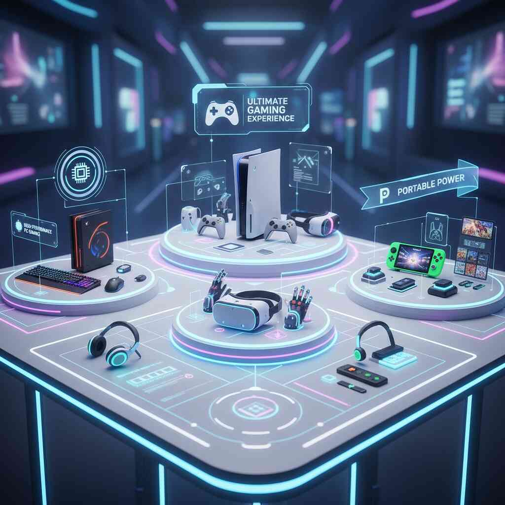 Futuristic glowing gaming showcase table—consoles, VR gear, and accessories floating in neon-lit sci-fi showroom, high-tech shopping inspiration