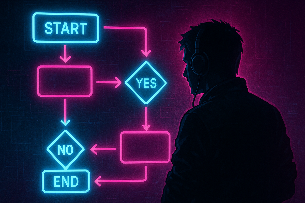 Neon decision flowchart glowing in darkness—gamer silhouette analyzing yes/no purchase strategy, cyberpunk planning energy, strategic mindset
