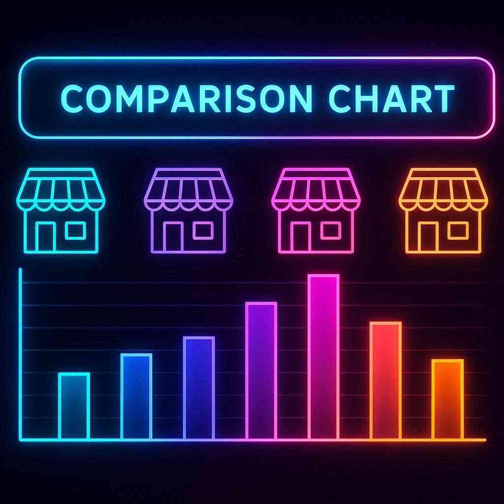 Colorful neon comparison chart of stores—price wars, deal ranking, and retail competition blazing in a retro futuristic vibe, data-driven shopping thrill