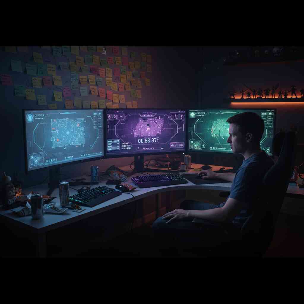 Focused gamer in battle station surrounded by glowing monitors and sticky notes—intense tracking of sale timers, mission-control atmosphere