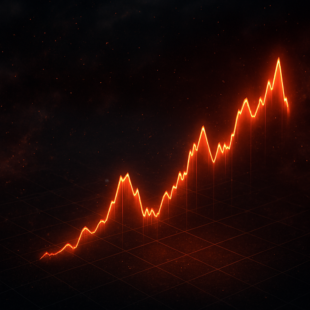 Fiery stock trend chart glowing in space—explosive growth, thrilling spikes, and market tension visualized in burning red-orange energy