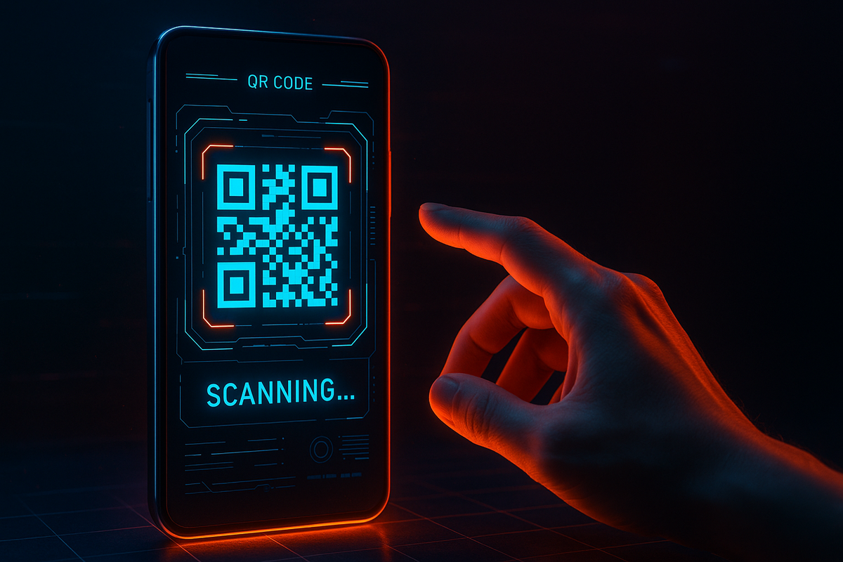 Futuristic smartphone screen glowing with a QR code being scanned, neon red-blue lighting and a poised hand—digital access, tech precision, and suspenseful energy