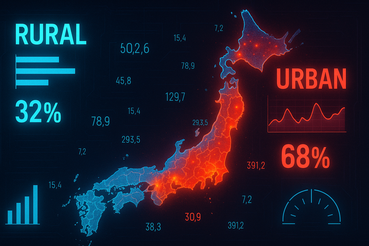 Vivid Japan map heatmap in neon red and blue showing urban vs rural competition rates, glowing data visualization—intense regional contrast, high-stakes lottery drama