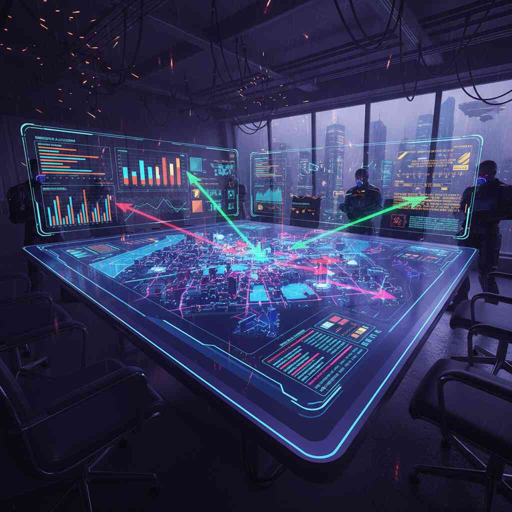 Cyberpunk war room with glowing holographic tactical map, charts, and arrows—strategic planning, futuristic atmosphere, ultimate preparation tension