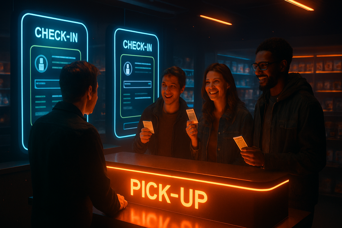 Happy customers at a neon pick-up counter holding tickets with glowing smiles—smooth order collection, victory moment, excitement-filled store experience