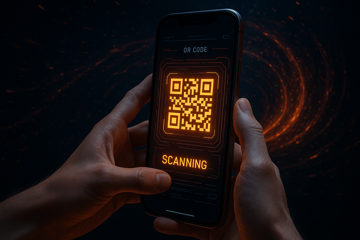 Hands scanning a neon QR code glowing on a smartphone in a swirling dark-orange galaxy—high-tech energy, instant connection, and futuristic security aura