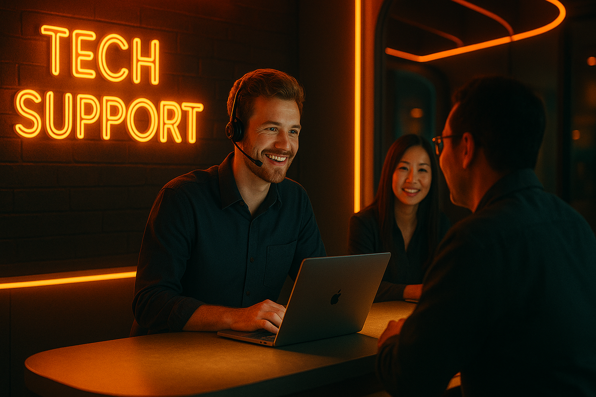 Smiling tech support team with glowing orange neon sign, warm atmosphere, and reassuring modern service desk—human-centered tech help and trust