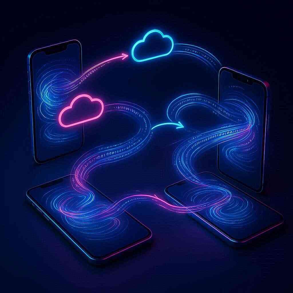 Vibrant neon data transfer flow between smartphones and cloud icons—fluid digital motion, futuristic security, and seamless migration magic