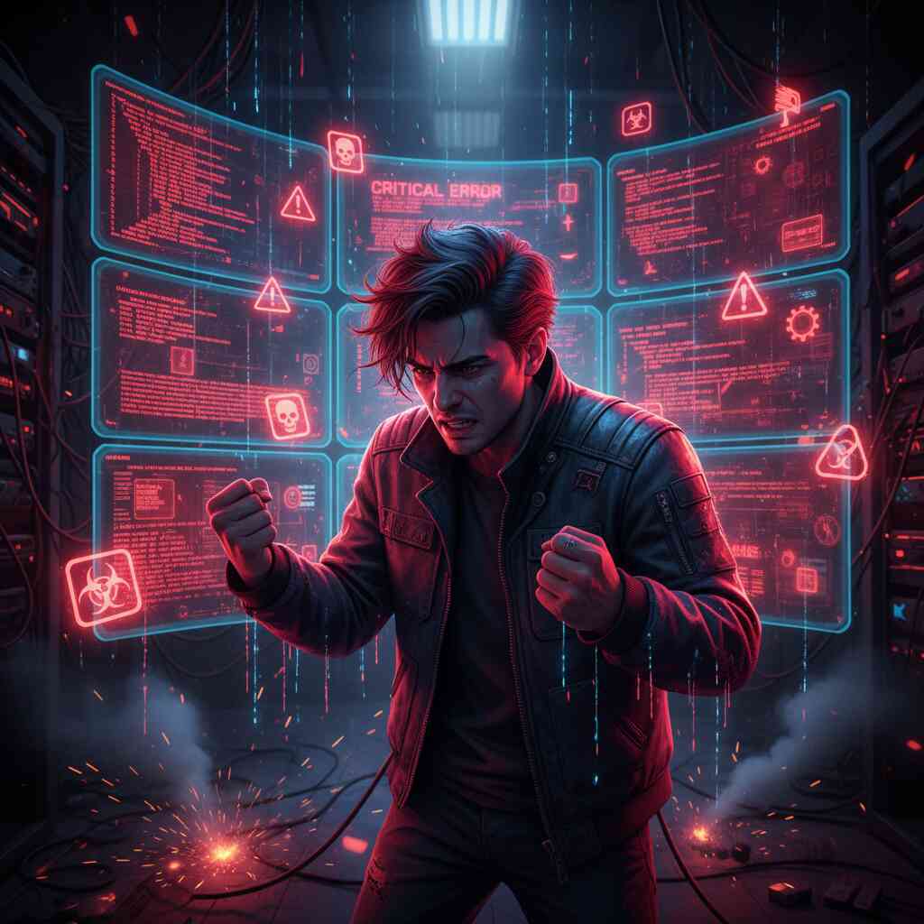 Frustrated man surrounded by glowing red error screens, cyberpunk server room sparks—intense tech struggle, system crash drama, and raw emotional tension