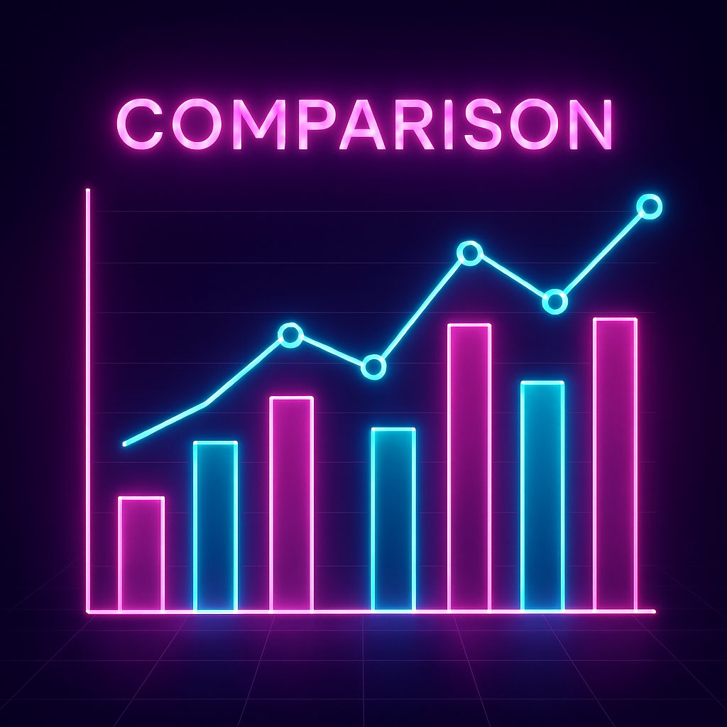 Neon bar and line graph glowing pink and blue—sharp price comparison, futuristic analytics, and decisive data-driven insights