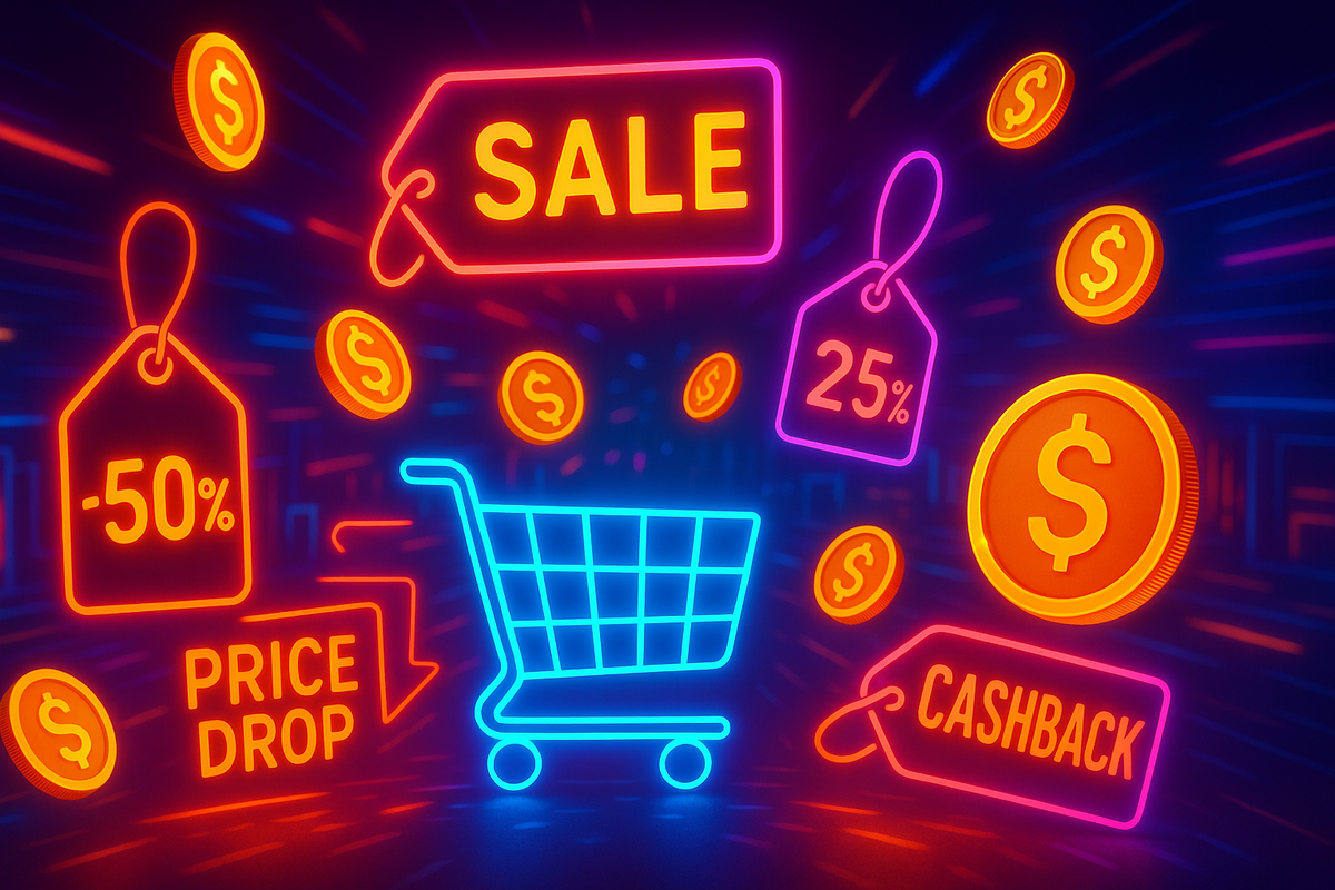 Explosive neon shopping sale art—glowing price tags, cashback coins, and a shopping cart flying through cyberspace—thrilling deal-hunting energy