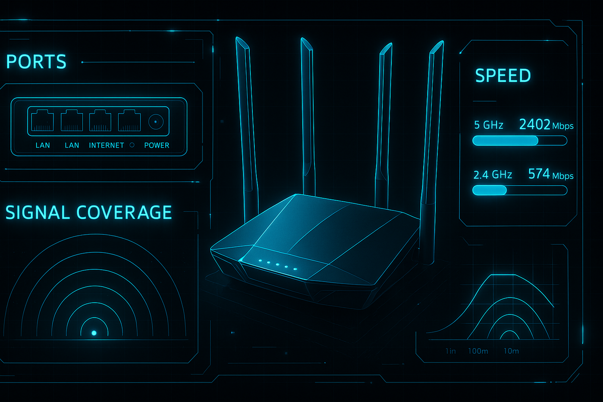 Hi-tech router blueprint with glowing signal coverage radar and blazing speed stats—precision engineering, sleek performance, cyberpunk power
