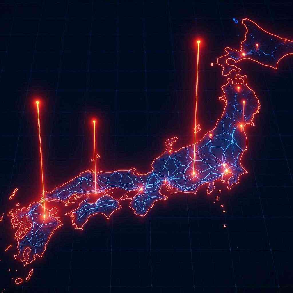 Glowing map of Japan with fiery red network points and bright data lines—nationwide coverage, futuristic connectivity, dramatic tech pulse