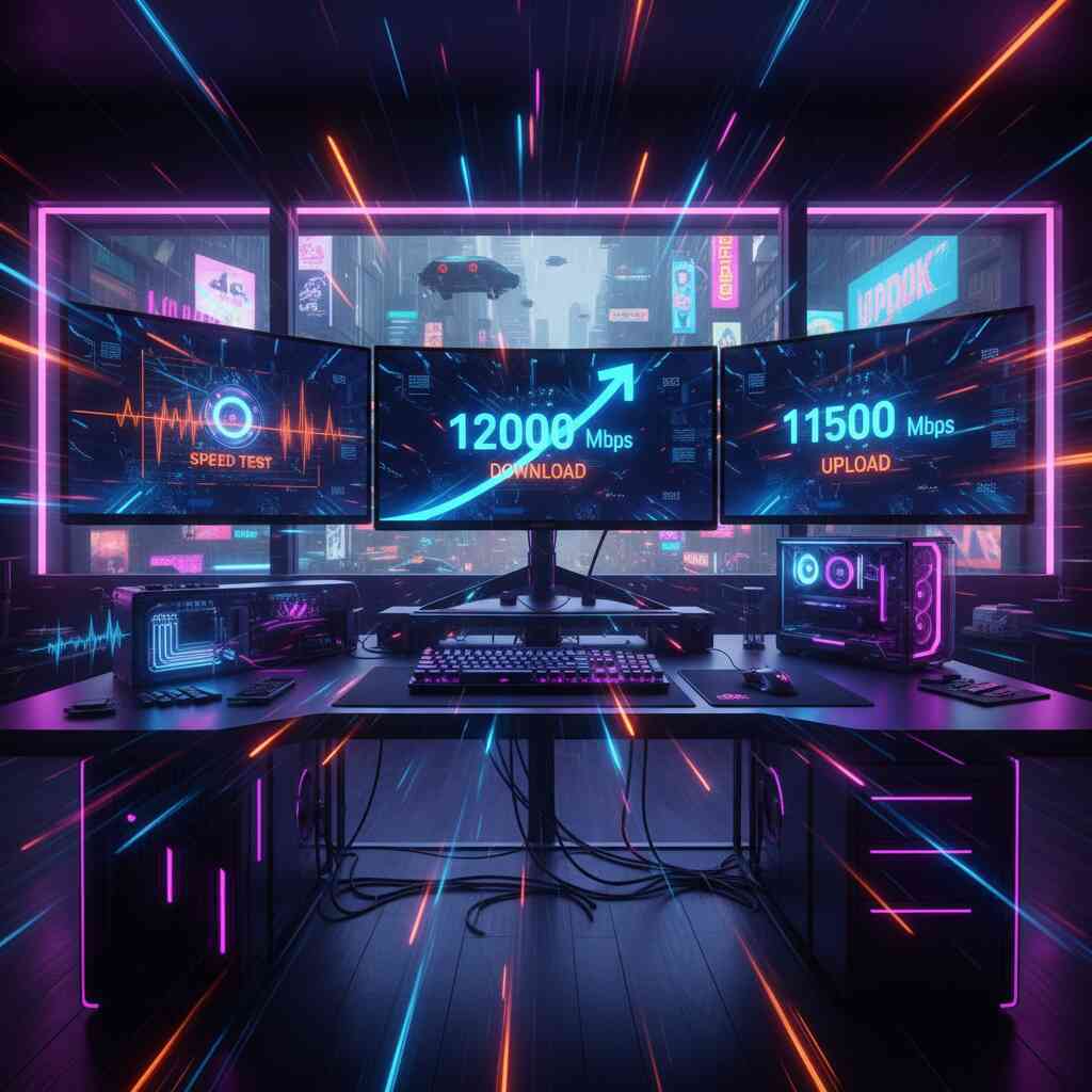 Epic gaming battlestation with neon streaks, triple monitors showing 12000 Mbps speed—immersive adrenaline-charged internet power fantasy