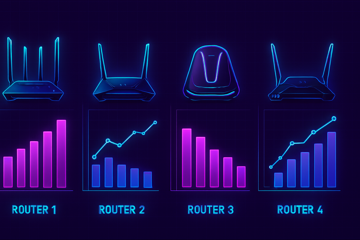Neon router lineup comparison chart—glowing bar graphs and futuristic silhouettes—clear performance breakdown, bold high-tech competition vibes