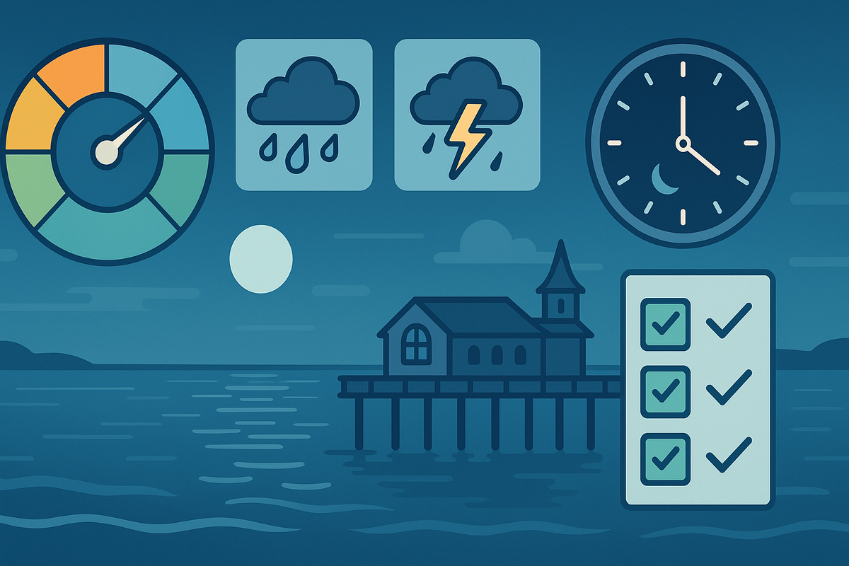Stormy night fishing scene with moonlit pier, weather icons, and a checklist—epic quest planning, atmospheric mystery, serene yet thrilling