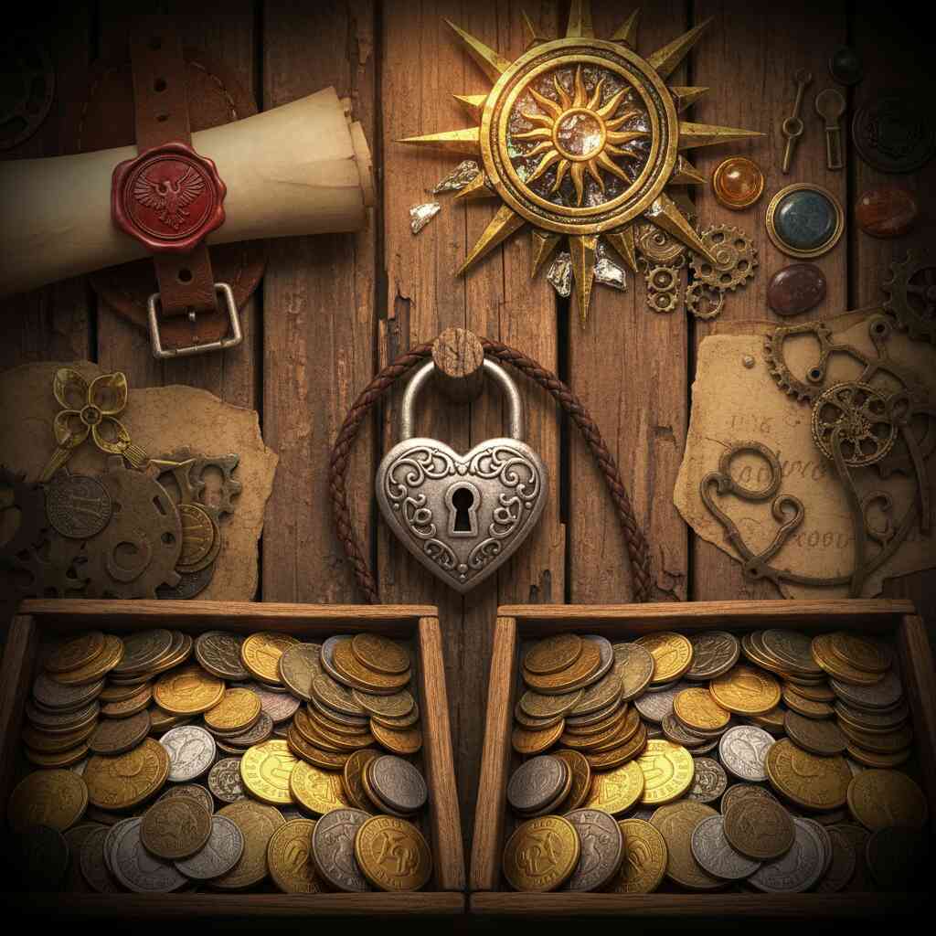 Golden fishing rod, glittering lure, and glowing fish silhouette next to an open bestiary—legendary catch vibes, magical fishing mastery