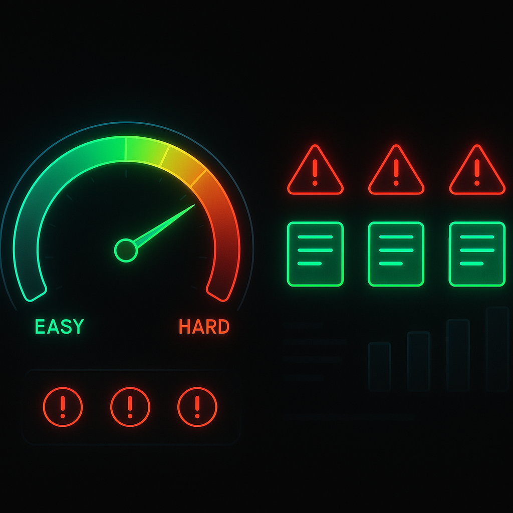 Game difficulty gauge glowing red-to-green with warning icons—tense boss-level energy, adrenaline rush challenge design