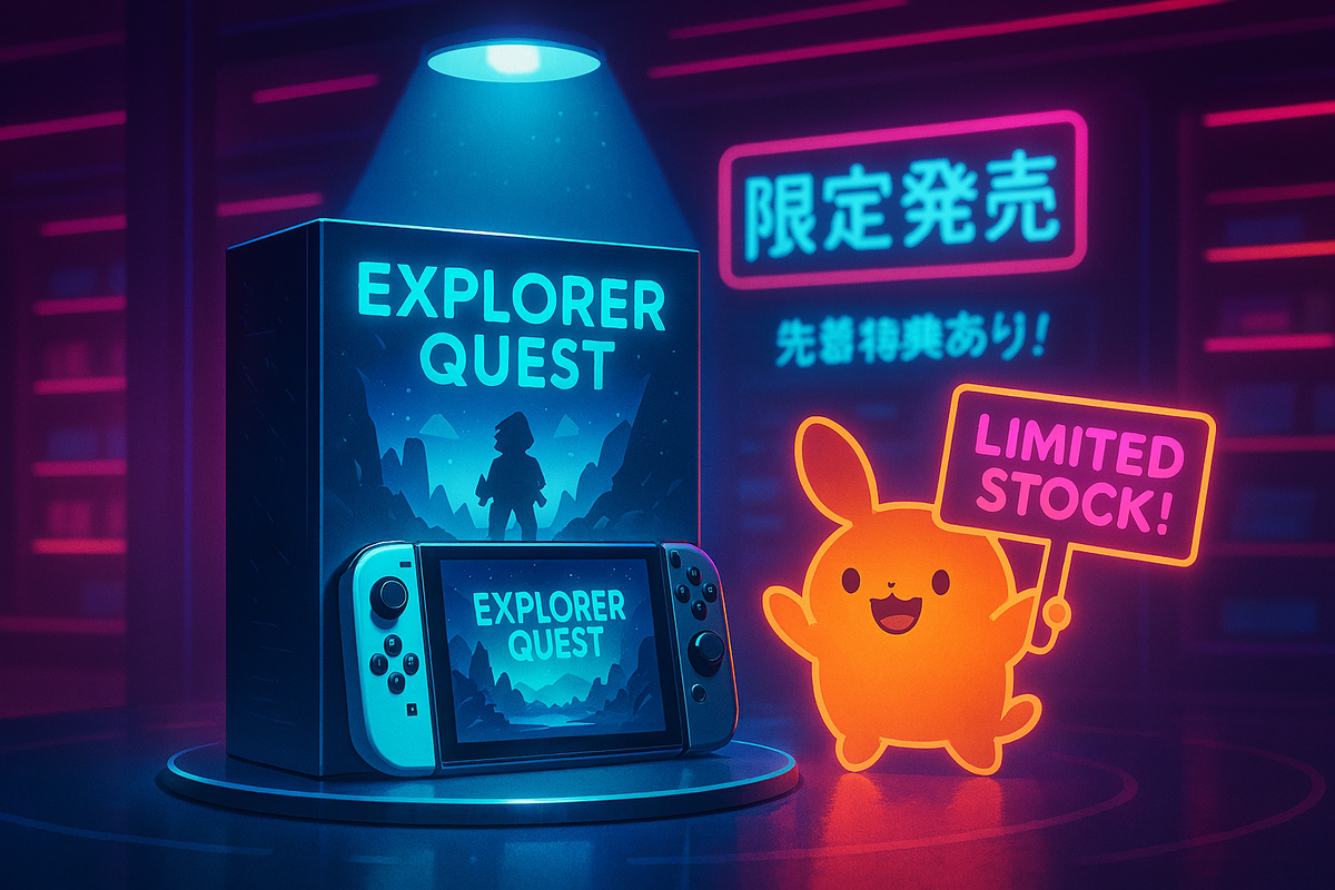 Limited edition handheld game console set glowing with neon signage and mascot holding “Limited Stock!”—exclusive hype, midnight launch vibes