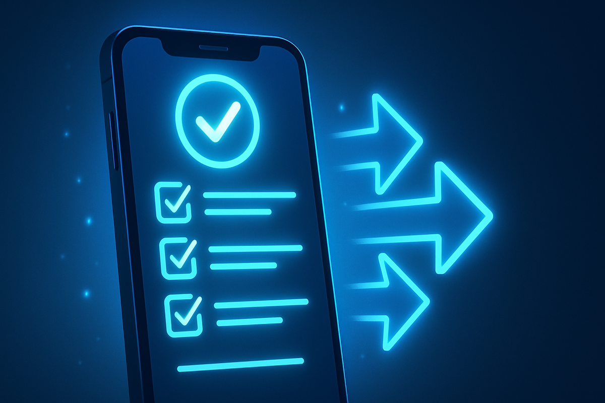 Smartphone glowing in deep blue neon with checklist and arrows—fast digital registration flow, futuristic efficiency, seamless steps