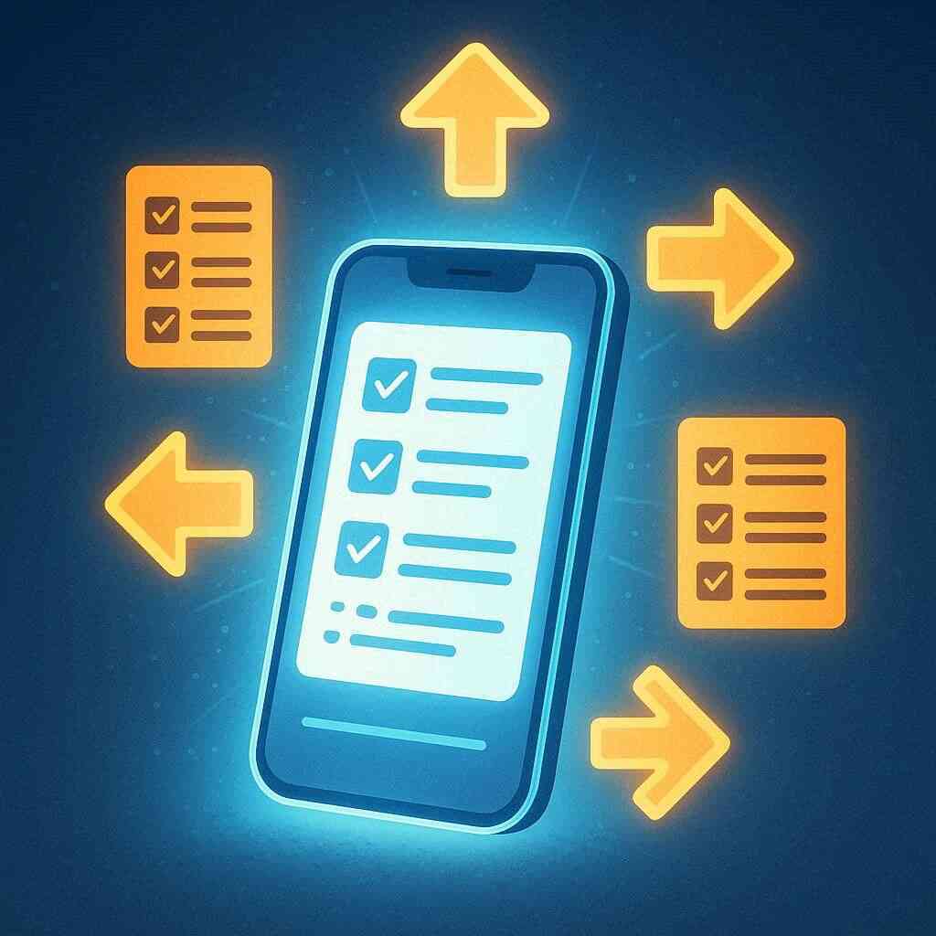Mobile screen surrounded by glowing yellow task icons and arrows—dynamic app navigation, interactive UX, high-energy guide