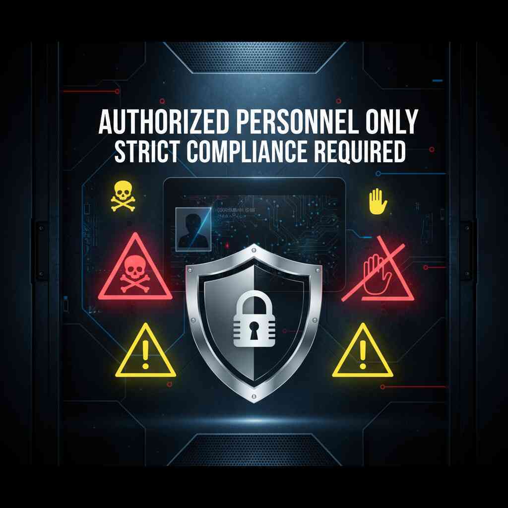 Cyberpunk warning screen with glowing shield and hazard icons—strict compliance, security alert tension, tech-protected access