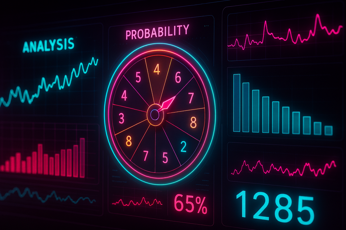 Futuristic probability dashboard with neon roulette wheel, data charts, and stats—thrilling odds analysis, predictive insights, strategic excitement