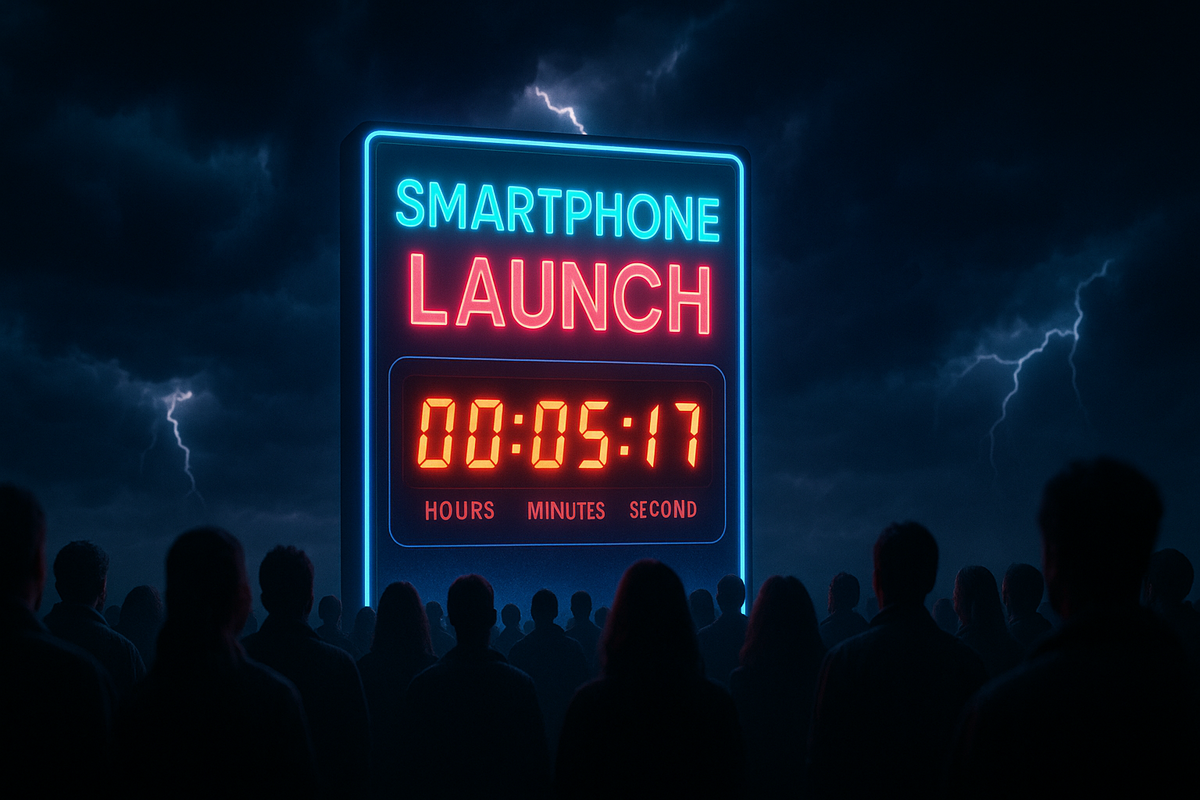 Electric stormy sky with neon countdown billboard “Smartphone Launch” glowing red and blue, intense hype and midnight anticipation energy