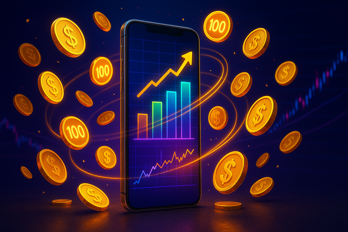 Vibrant smartphone with glowing stock-like graph and golden coins swirling in neon orbit, dazzling cashback rewards and financial thrill vibes