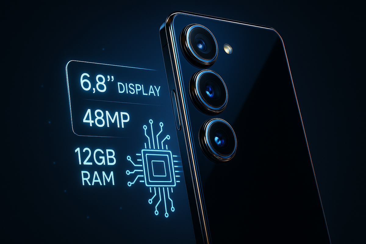 Close-up futuristic smartphone camera with neon specs overlay “6.8-inch display, 48MP, 12GB RAM,” premium cutting-edge innovation aura
