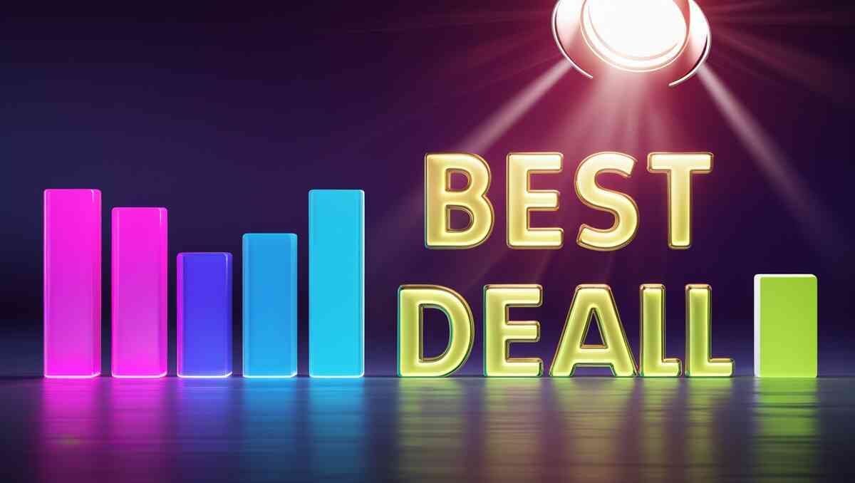 Spotlight over colorful neon bar chart spelling “BEST DEAL,” dramatic stage energy, top-tier savings spotlighting excitement