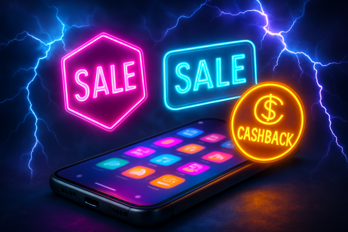 Dark stormy backdrop with glowing neon SALE and CASHBACK icons hovering over a smartphone, electrifying shopping frenzy and adrenaline